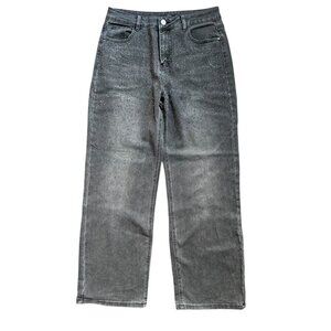 Lipsy Grey Diamante Mid Rise Wide Leg Jeans women's size 8R gray embellished